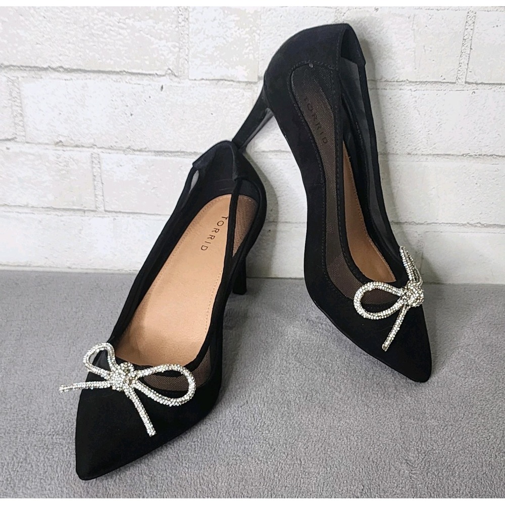 Torrid Black Suede Mesh Pointed Toe Stiletto Heel Pumps Bow Women Size 11WW